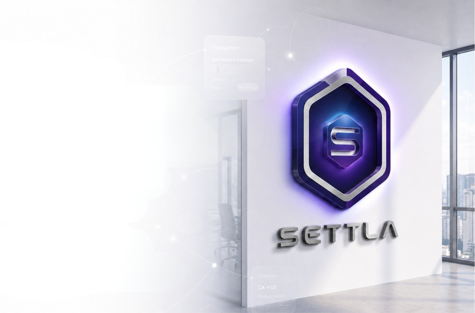 The Settla logo on a modern office wall